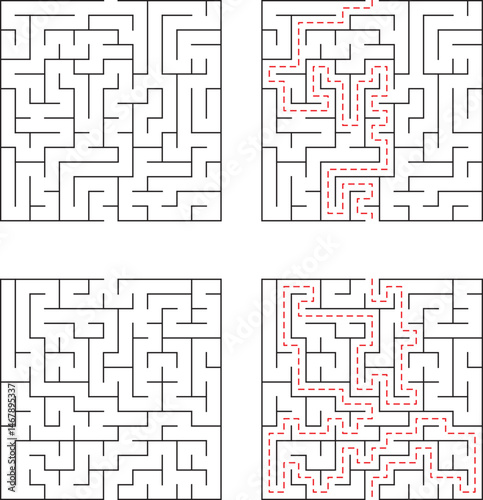 Four square mazes with one red highlighted solution to help solve each intricate puzzle for cognitive games.