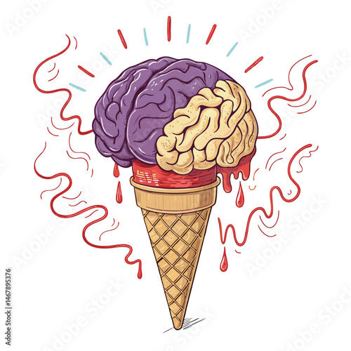 Surreal digital art of a melting brain atop a waffle cone, featuring purple, beige, and red hues.  Focus on the texture and dripping effect.