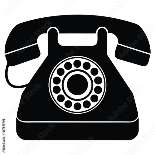 A black and white telephone with a rotary dial stands isolated and still