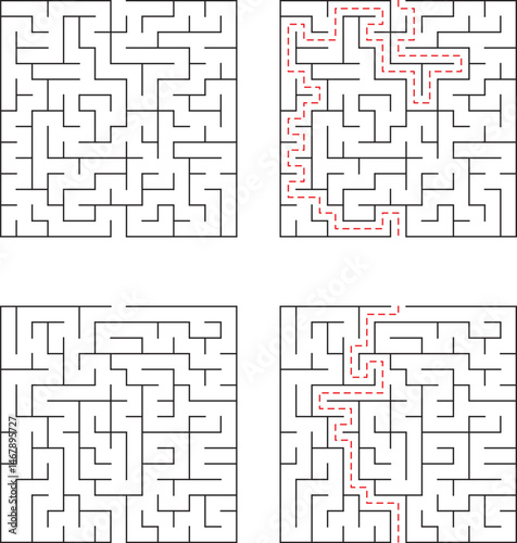 Four simple labyrinth puzzles featuring the difficulties in solving them with red highlighted solutions