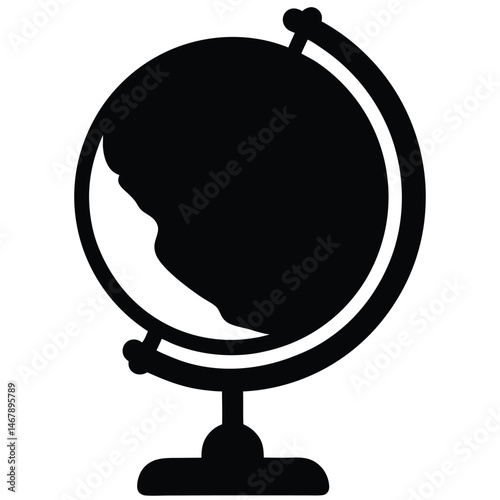 A black icon reveals the Earth on a spherical globe and stand in silhouette