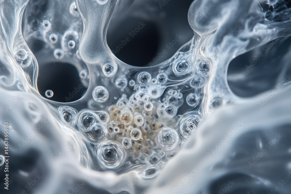 Abstract close-up of translucent substance with numerous bubbles and intricate patterns. Abstract close-up of translucent substance with numerous bubbles and intricate patterns.
