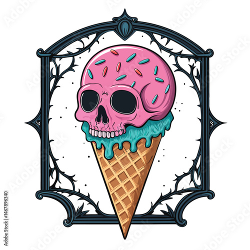 Surreal melting skull-shaped ice cream cone dripping neon green sprinkles, vibrant colors, dark background.