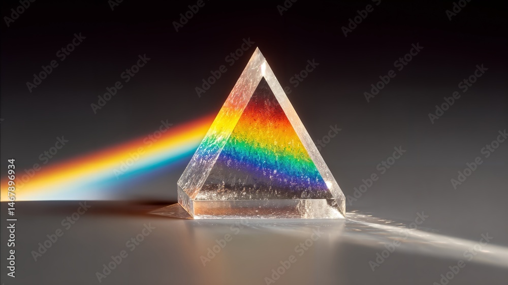 Obraz premium Un prisma refracta la luz, creando un arco iris de colores sobre un fondo oscuro.