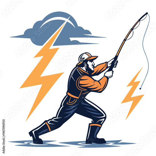 A powerfully built fisherman, tanned and muscular, casts a fishing rod at sunset, displaying strength and skill.  The scene is serene and evocative of a peaceful hobby.