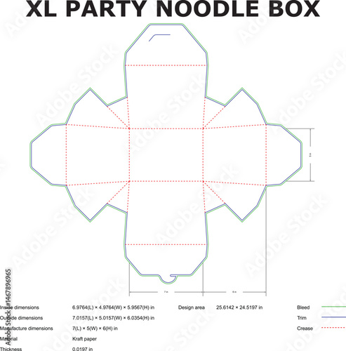 Detailed cut template diagram of an xl party noodle box with dimension information and design elements