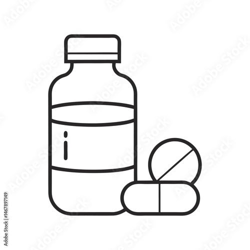 medicine bottle and pills outline icon on white background