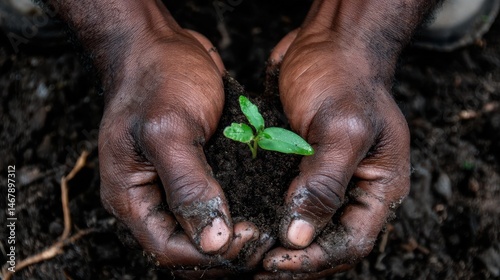 Hands holding a young seedling in rich soil.