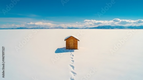 Solitary Wooden Cabin in Vast Snowy Landscape