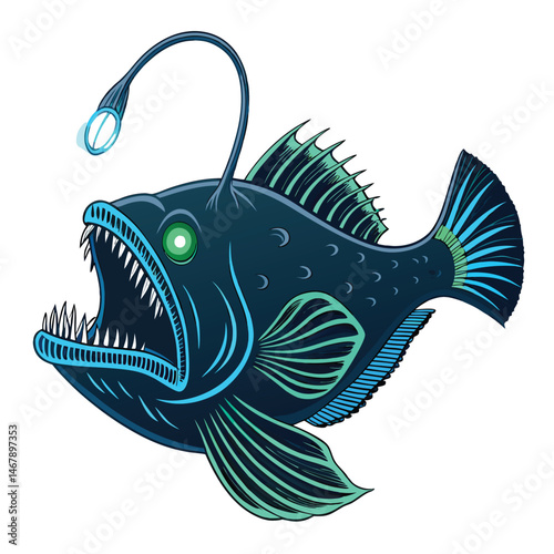 Create a neon-glow style illustration of an anglerfish, emphasizing its bioluminescent lure.  The art style should be vibrant and stylized.