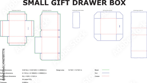 Detailed technical vector blueprint of a small gift drawer box packaging design template