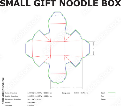 Detailed vector illustration of a small gift noodle box die-cut template with dimension information