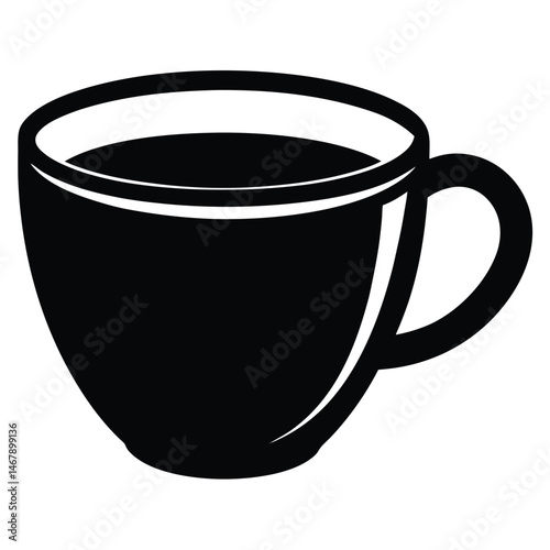 A sleek black mug filled with dark liquid is visible against a white background
