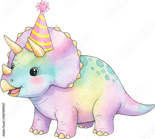 triceratops baby cute birthday party watercolor vector