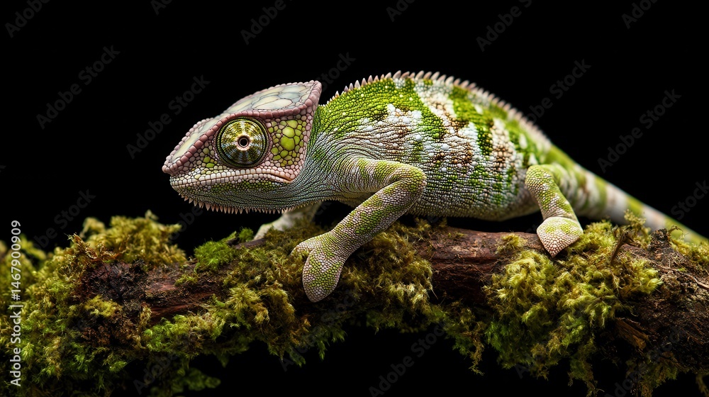Fototapeta premium Colorful chameleon perched on mossy branch, showcasing vibrant scales and intricate patterns, perfect for nature enthusiasts.