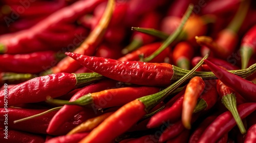 Una pila de chiles rojos brillantes, con tallos verdes, apilados unos sobre otros.