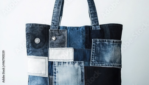 Recycled denim tote bag, patchwork design