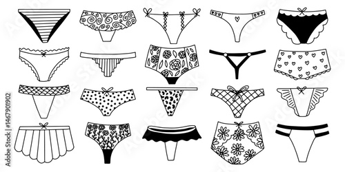 Women's panties design hand drawn sketch set. Vector women's underwear kinds set