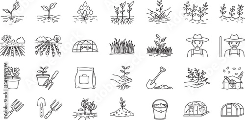 Soil ground and gardening editable stroke outline icons set isolated on white background flat vector illustration