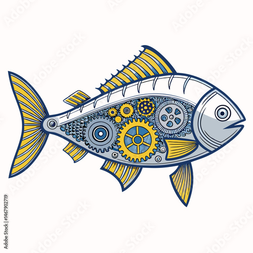 A biomimetic robotic fish, gears intricately exposed, propelled by a powerful water jet, swimming gracefully in a clear aquatic environment.