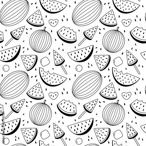 Watermelon slices vector seamless pattern. Watermelon slices sketch black and white pattern