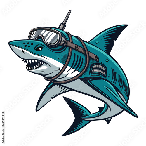 A cyberpunk shark wearing diving goggles and a harpoon, futuristic city backdrop.  Detailed, gritty, high resolution.
