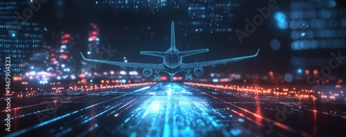 Airplane Taking Off Wireframe Digital Runway