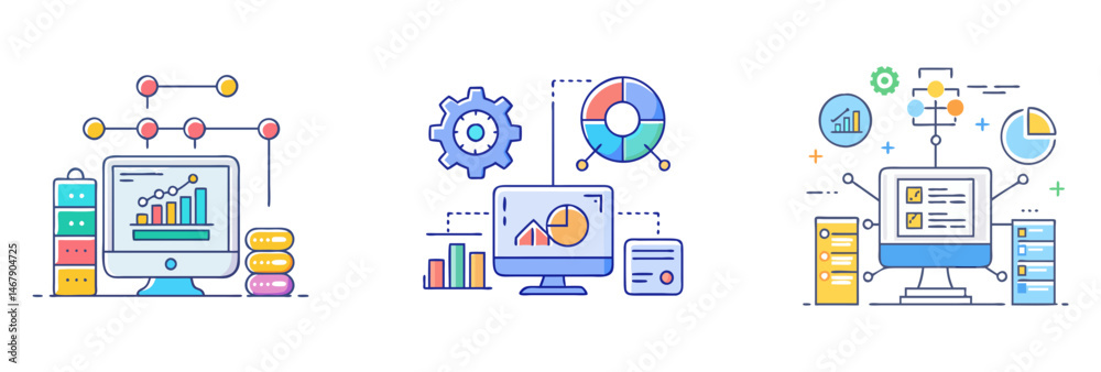 Fototapeta premium Modern business analytics icons, data visualization set with computer monitors and charts, digital marketing and financial statistics SVG collection