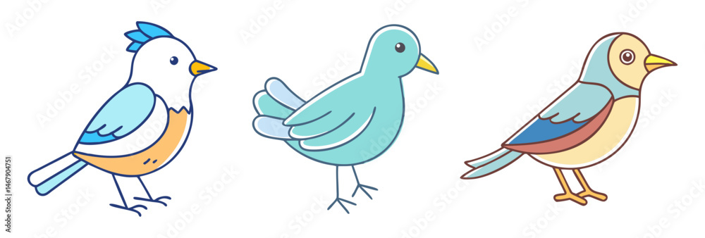 Three colorful cartoon birds standing side by side on a white background