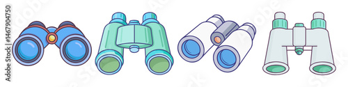 Four Different Styles and Colors of Binoculars in a Row Cartoon Style