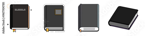 Black hardcover book icons set, 4 flat vector book illustrations with bookmarks, professional library and education literature graphics