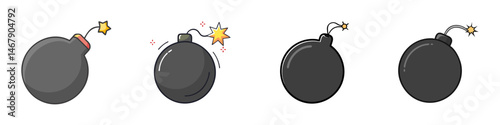 Cartoon image of old fashioned bombs with lit fuses in stages