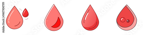Red blood drop icons in cartoon style, set of 4 liquid droplet illustrations, medical hematology and donation symbols, glossy red fluid drips