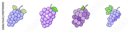 Four bunches of cartoon grapes in different shades of purple and lavender
