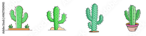 Collection of cartoon cactus plants isolated on a white background, various types