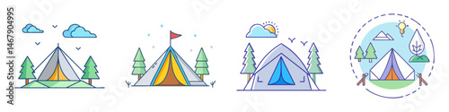 Camping tent icons set, outdoor adventure camping illustrations in flat line style, 4 nature tourism SVG elements with pine trees and mountains