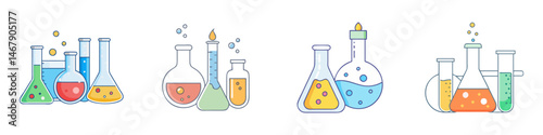 Colorful Vector Illustration of Various Chemistry Beakers and Test Tubes with Liquids