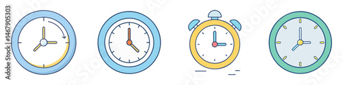 Different styles and colors of analog clocks on a white background art