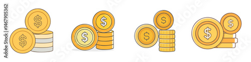 Illustrations of dollar coin stacks conveying wealth accumulation and financial growth