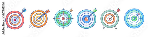 Various cartoon style target boards with arrows hitting the bullseye targets