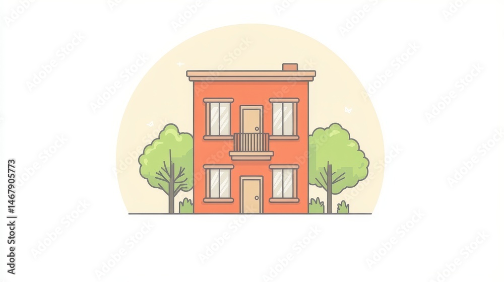 Fototapeta premium Charming suburban house vector illustration modern home facade with trees and garden stylish urban architecture graphic design