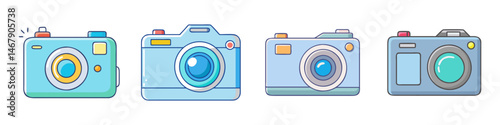 A colorful array of cartoon camera vector icons on white background