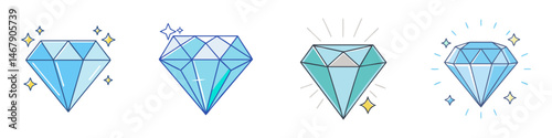 Four vector image renderings of shining diamonds in different styles on white