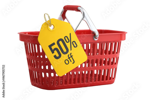 Red shopping basket with fifty percent off yellow tag sale discount promotion offer 3d buy deal price on transparent background