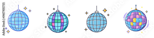 Collection of Four Cartoon Disco Balls with Hanging Mechanisms and Stars