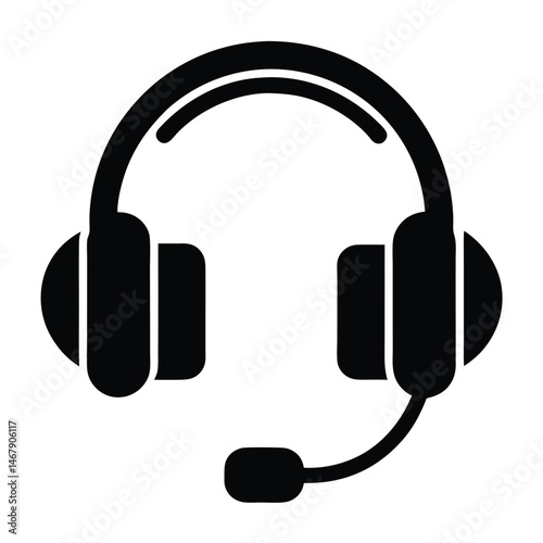 Isolated black icon shows a headset with microphone on a white background