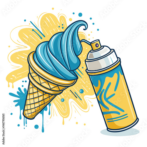 A vibrant yellow soft-serve ice cream being dispensed from a spray can, whimsical and surreal, highly detailed, photorealistic.