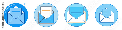 Four stylized vector icons of envelopes containing messages in a blue circle