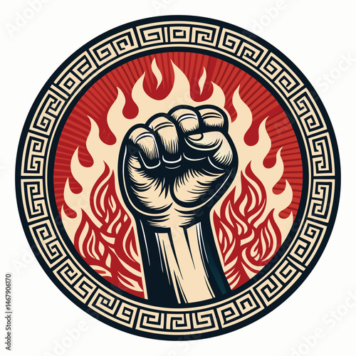Design a street-style logo featuring a clenched fist in a silat pose, engulfed in flames, incorporating a badge or shield element.