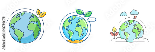 Three Earth Illustrations Emphasizing Nature and Green Environmental Sustainability